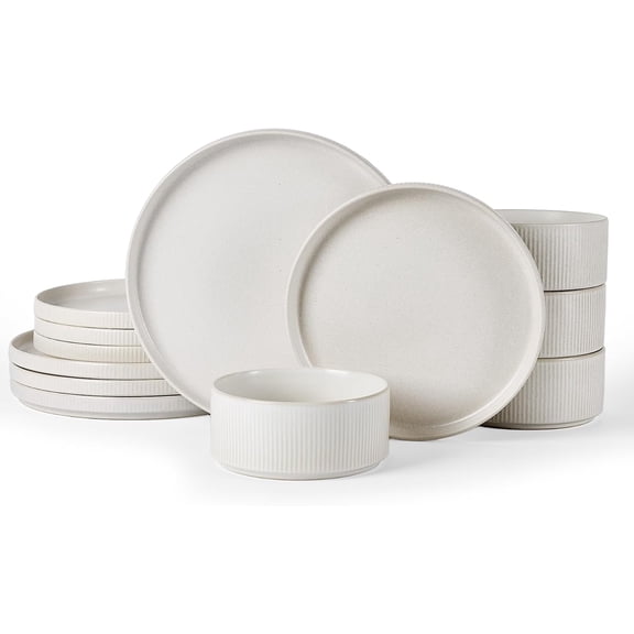 Dinnerware Set for 4 People 12-Piece Ribbed Plates and Bowls Microwave and Dishwasher Safe Chip Resistant Matte White
