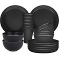 thumbnail image 1 of Dinnerware Set for 6, 18 piece Lightweight Unbreakable Dinnerware Set，23cm Plates, 15cm Bowls, Cups, Kitchen Plates and Bowls Set（Black）, 1 of 7