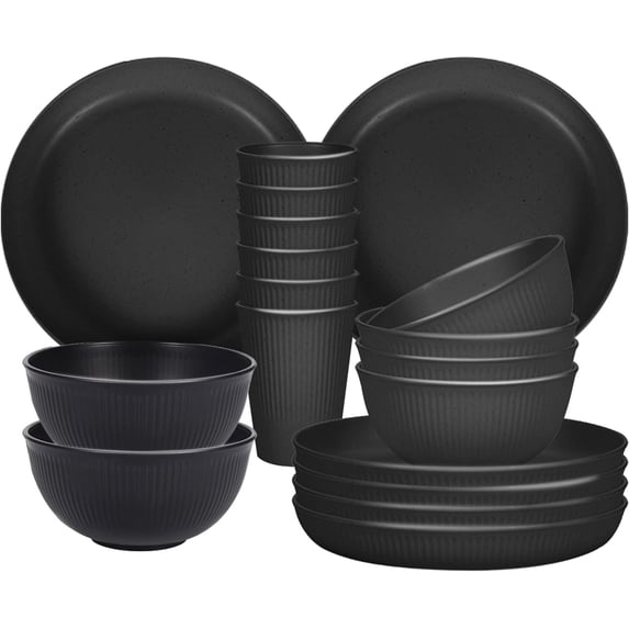 Dinnerware Set for 6, 18 piece Lightweight Unbreakable Dinnerware Set,23cm Plates, 15cm Bowls, Cups, Kitchen Plates and Bowls Set(Black)