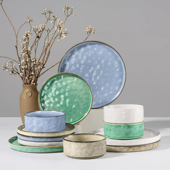 Dinnerware Sets, 12-Piece Plates and Bowls Set, Stoneware Dish Set for 4, Ceramic Dinnerware for Home Restaurant, Chip and Scratch Resistant, Microwave and Dishwasher Safe, Multicolor