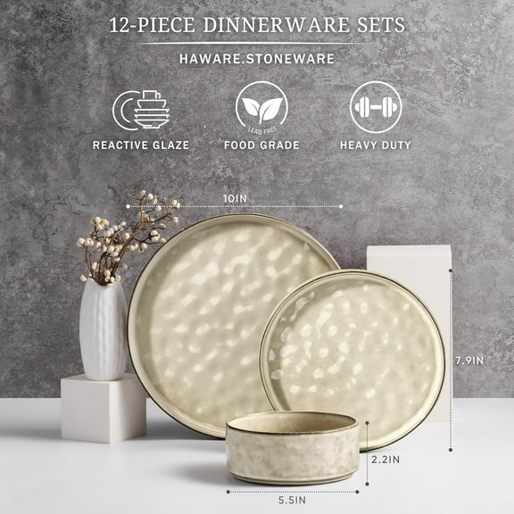 Dinnerware Sets, 12-Piece Plates and Bowls Set, Stoneware Dish Set for 4, Ceramic Dinnerware for Home Restaurant, Chip and Scratch Resistant, Microwave and Dishwasher Safe, Saturn Khaki