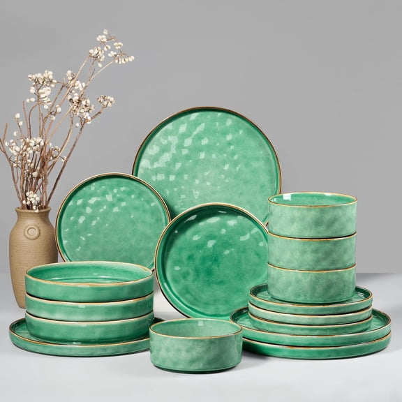Dinnerware Sets, 16-Piece Plates and Bowls Set, Stoneware Dish Set for 4, Ceramic Dishware Set for Pasta Cereal, Chip and Scratch Resistant, Microwave and Dishwasher Safe, Reactive Green