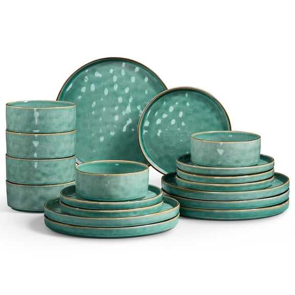 Onader Dinnerware Sets for 6, 18-Piece Plates and Bowls Set, Stoneware Dish Set for Kitchen, Ceramic Dinnerware for Home Restaurant, Chip and Scratch Resistant, Microwave and Dishwash, Reactive Green