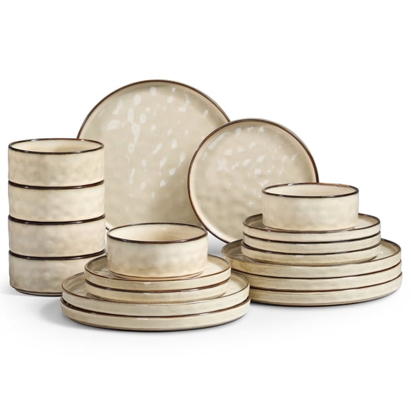 Onader Dinnerware Set for 6, 18-Piece Plates and Bowls, Stoneware Dishes Sets for Home Restaurant, Microwave and Dishwasher, Saturn Khaki