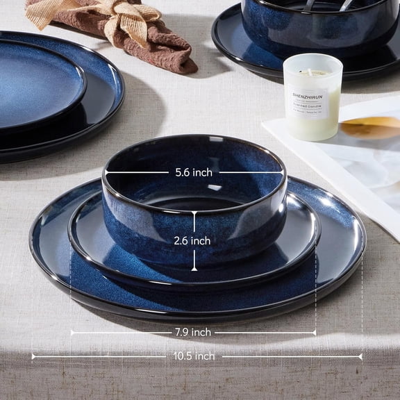 Dinnerware Sets for 2, 6-Piece Stoneware Plates and Bowls Set, Ceramic Dishes Reactive Glaze Dinning Ware, Microwave & Dishwasher Safe - Deep Sea Blue