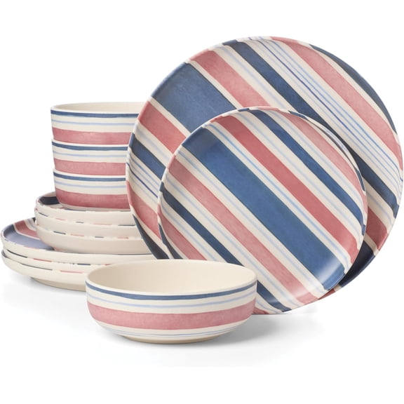 Dinnerware Sets, 24 Seven Melamine Stripe 12-Piece Dinnerware Set, Set for 4, Service For 4, Melamine Material, Dishwasher Safe, Plates And Bowls, Dinner Dishes, Kitchen (Stripe, 12 Piece)