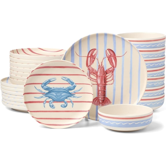 Dinnerware Sets, 24 Seven Melamine Wharfside 24-Piece Dinnerware Set, Set for 8, Service For 8, Melamine Material, Dishwasher Safe, Plates And Bowls, Dinner Dishes, Kitchen (Assorted, 24 Piece)