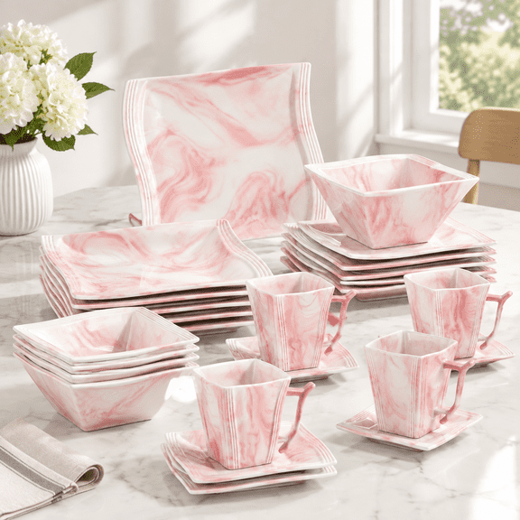 Dinnerware Sets 30-piece Pink Plates And For 6 Porcelain Set With Cups Sacuers Square Dish Modern Dining Ware Series Flora