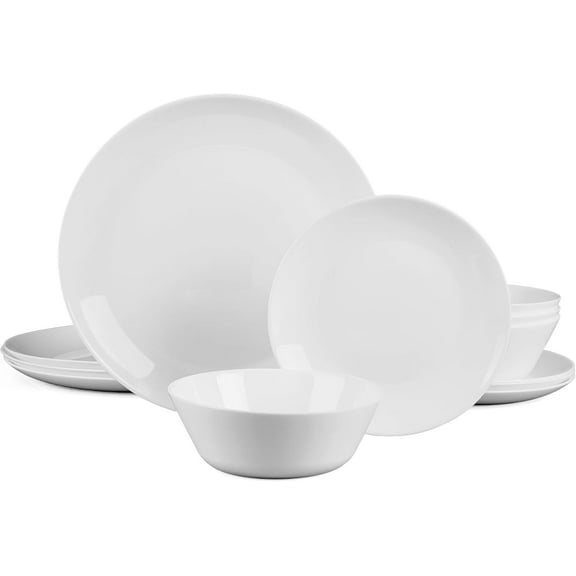 Dinnerware Sets for 4, 12 Pieces Opal Glass Plates and Bowls Set, Dishwasher and Microwave Safe Dish Dinning Ware, Chip and Scratch Resistant Dishware White
