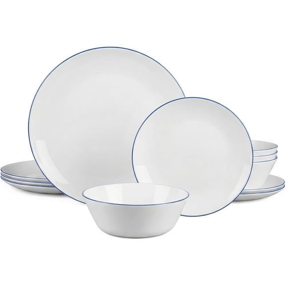 Dinnerware Sets for 4, 12 count Opal Glass Plates and Bowls Set, Dishwasher and Microwave Safe Dish Dinning Ware Set, Chip and Scratch Resistant Dishware Sets Hand Painted Navy Blue Rim