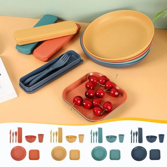 Dinnerware Sets under $5! Yannianjz 8 Piece Wheat Straw Dinnerware Sets, Plates and Bowls Sets Unbreakable & Microwave Safe - Plate Dessert Plate Cereal Bowl Cup for Kitchen & Outdoor