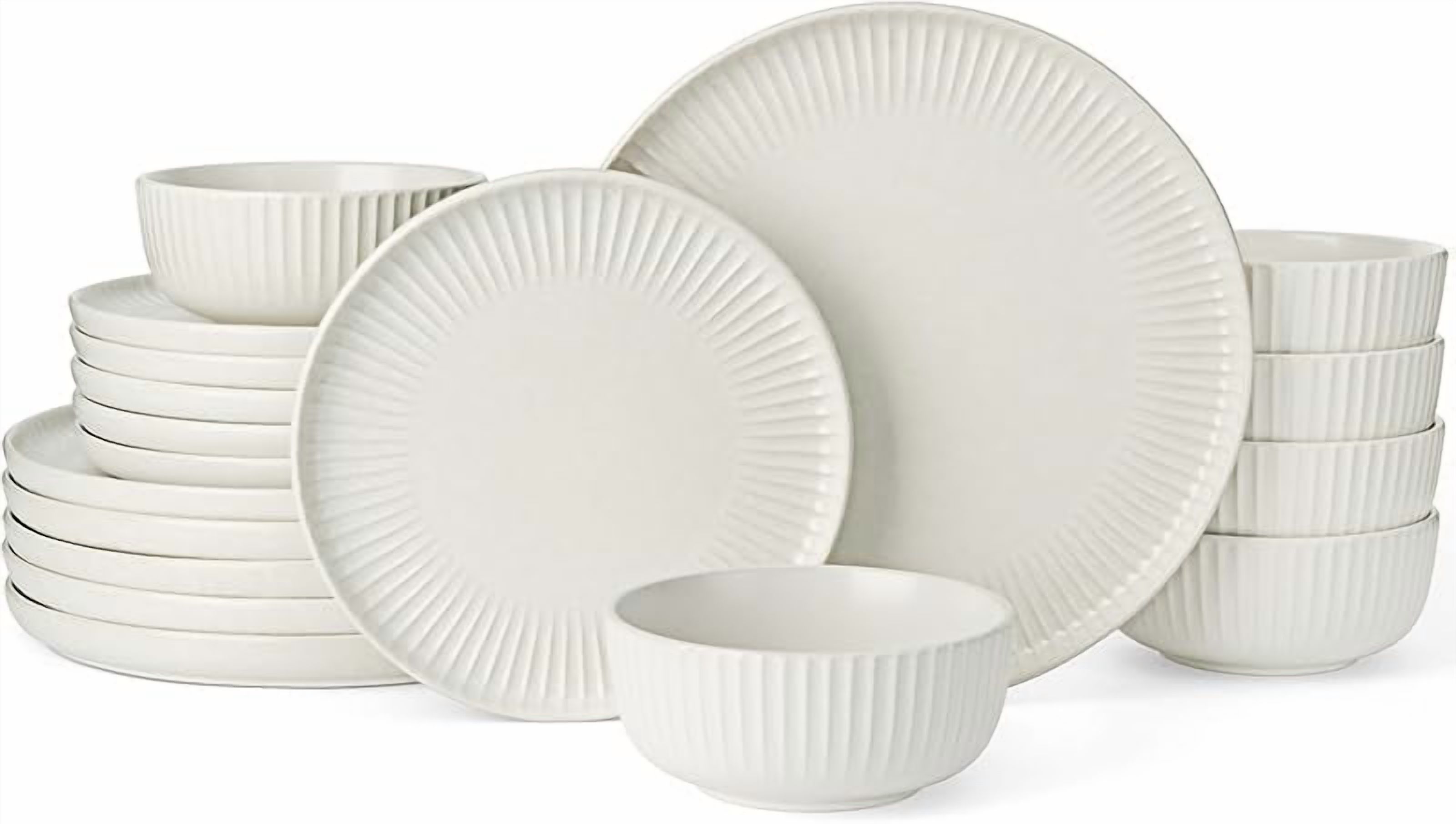 Chipped Tableware Dinnerware Sets, Plates and Bowls Set for 4, 12 Pieces Ribbed Dishes ...