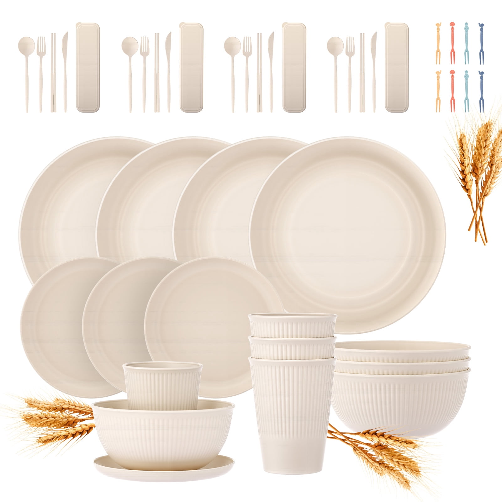 48 Piece Wheat Straw Dinnerware Sets, Service for 4, Unbreakable Plates and Bowls Set - Cups Sets, Dinner Plates, Bowls for Kitchen,Dishwasher and Microwave Safe Dishes Set - Multi