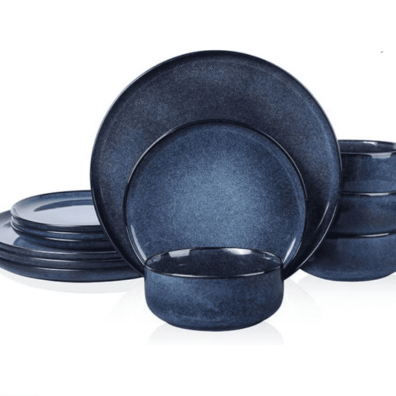 Dinnerware Sets for 4, 12-Piece Stoneware Plates and Bowls Set, Reactive Glaze Dishes Dinning Ware, Microwave & Dishwasher Safe - Deep Sea Blue