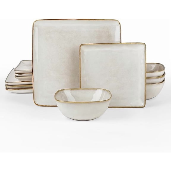 Dinnerware Sets for 4, Ocean Square 12-Piece Kitchen Plates and Bowls Sets, Reactive Glaze, Microwave and Dishwasher Safe, Scratch Resistant