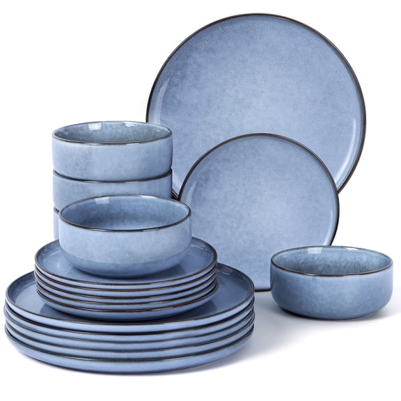 Onader Dinnerware Sets for 6, 18-Piece Plates and Bowls Set, Reactive Glaze Dishes, Stoneware Dinnerware set, Microwave & Dishwasher Safe - Ocean Blue