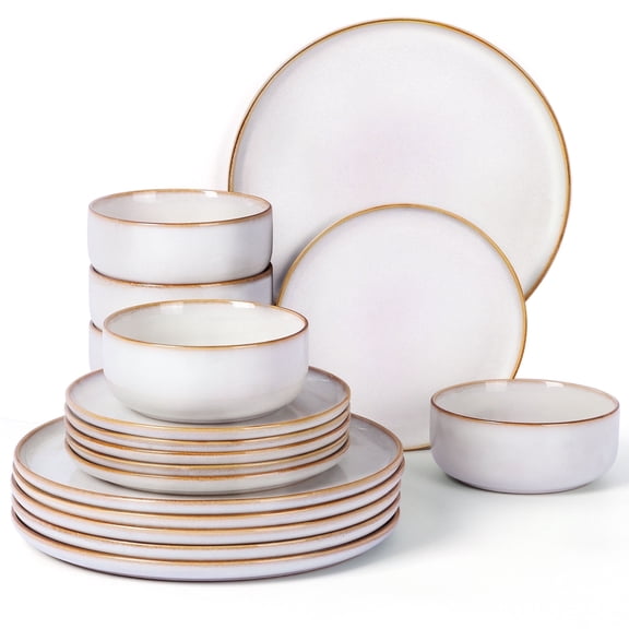 Onader Dinnerware Sets for 6, 18-Piece Plates and Bowls Set, Reactive Glaze Dishes, Stoneware Dinnerware set, Microwave & Dishwasher Safe - Seashell White