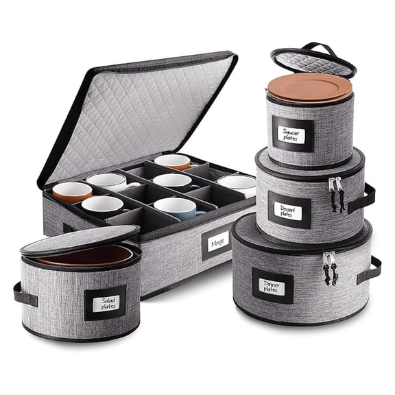 Dinnerware Storage Containers Set of 5 - Hard Shell Dish Protectors for Plates & Cups - Fabric Padded China Organizer for Moving & Storage - Fits Up to 12 Place Settings