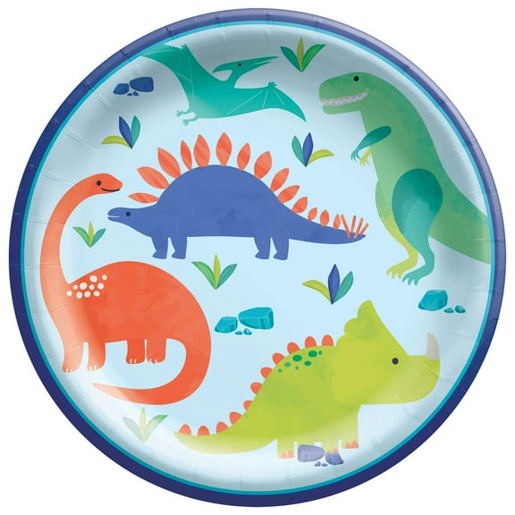 Dino Adventure Disposable 8.5" Round Paper Plates - 40 Count - Heavy Duty Party Plates