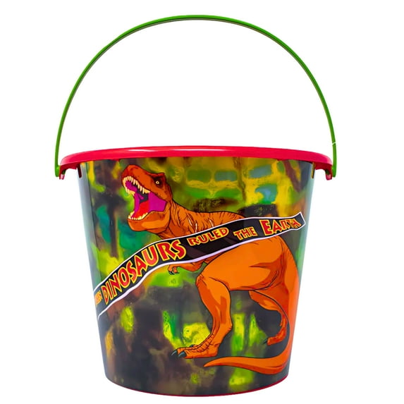 Dino Adventure-Themed Easter Basket, 8-Inch Reusable Plastic Bucket with Handle Halloween Trick or Treat Gift Container Storage Summer Beach Pail Party Favor Egg Hunts Accessory Home Office Organizer