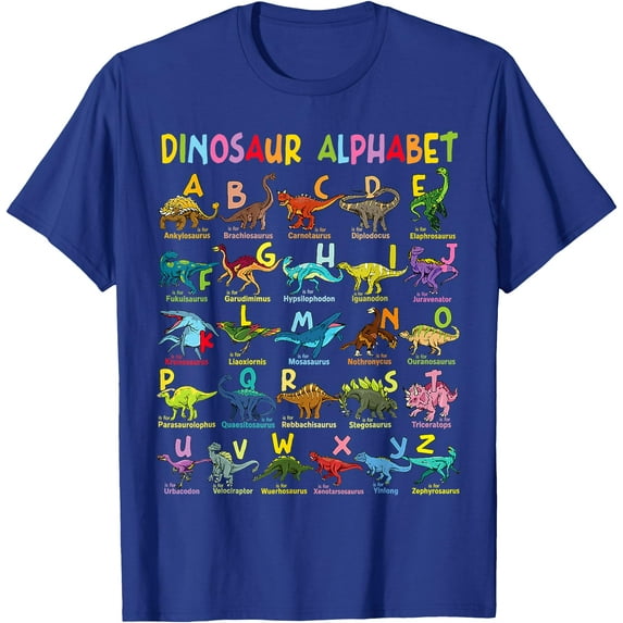 Dino Alphabet A-Z ABC Types Of Dinosaurs Identification Education Unisex T-Shirt for Men Women Kids,Royal Blue Color,Size 2T
