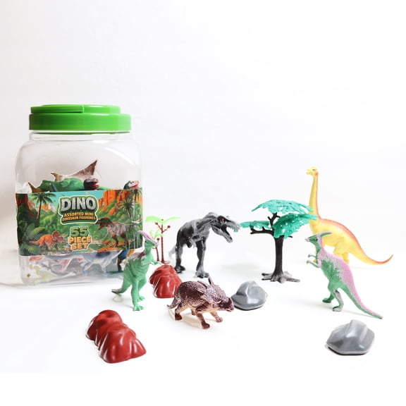 Dino Assorted Mini Dinosaur Figurines 55-Piece Set Mixed-Size Dino Toys with Trees & Stone Accessories in Reusable Storage Jar