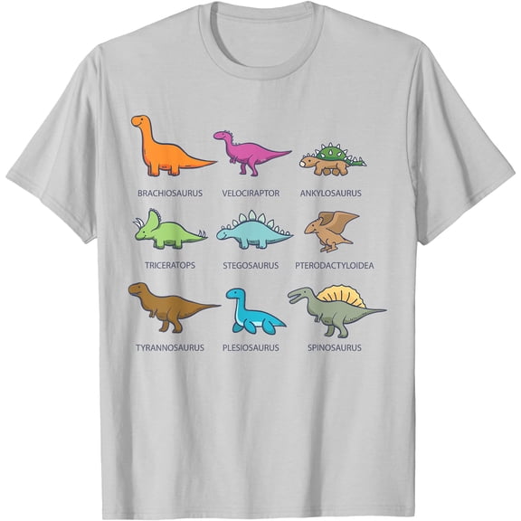Dino Collection Types of Dinosaurs Educational Unisex T-Shirt for Men Women Kids,Ice Grey Color,Size M