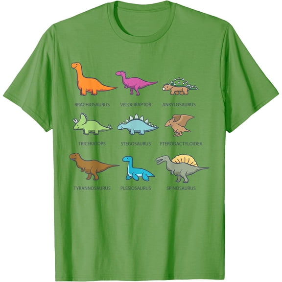 Dino Collection Types of Dinosaurs Educational Unisex T-Shirt for Men Women Kids,Lime Color,Size M