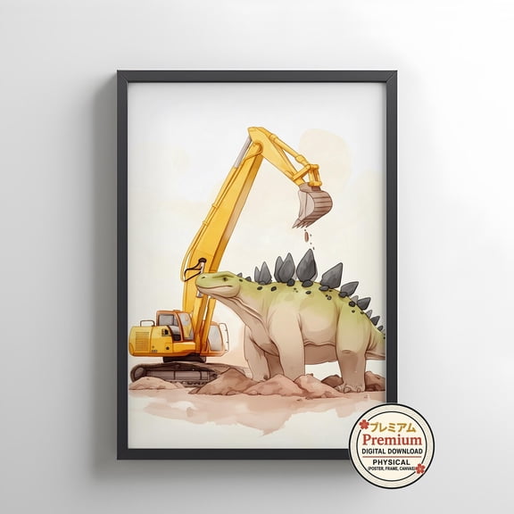 Dino Construction Poster, Dinosaur Excavator Art, Unframed Paper Poster 8x10in