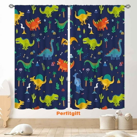 Dino Curtains for Boys Room, Kids Boys Cartoon Dinosaur Funny Colorful Safari Animals Blackout Window Drapery Treatments for Baby Kids Room Bedroom Living Room Nursery Fabric 2 Panels, 84"x63" Inch