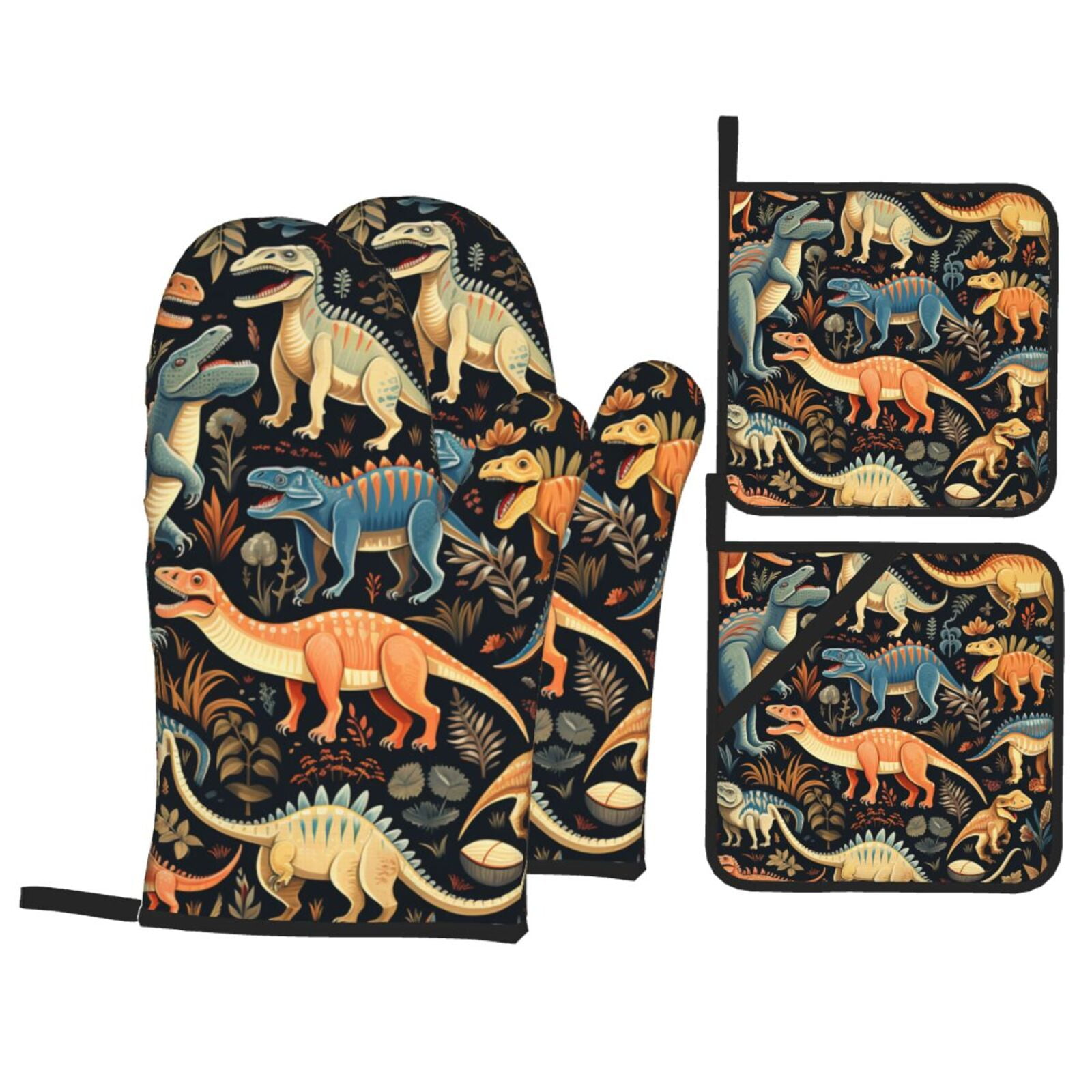 Dino Dinosaur Art 4Pcs Oven Mitts and Pot Holders Sets Oven Kitchen Gloves Hot Pads for Cooking BBQ Baking Grilling