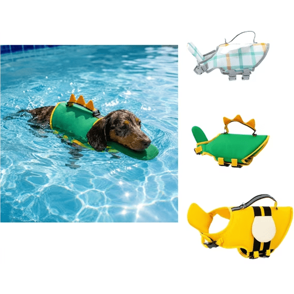 Dino Dog Life Jacket, Cute Dog Life Vest with High Buoyancy, Reflective Stripes, Adjustable Life Preserver with Rescue Handle for Small Medium Large Dogs XL