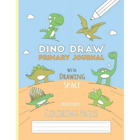 Dino Draw: Primary Journal K-2 Half Page Ruled with Dotted Middle Line and Picture Space - Grades K-2 - Cute Dino Draw B, (Paperback)