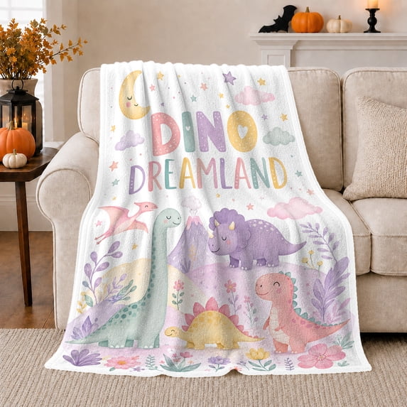 Dino Dreamland Flannel Blanket with Pastel Dinosaurs Moon Stars Clouds Volcano Flowers White Gentle Nursery Art, Kids Sofa Bedroom Playroom Home Decor, Sweet Gift