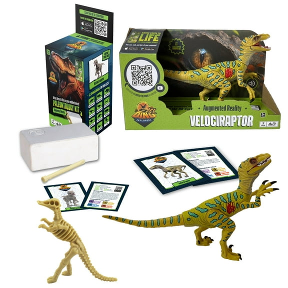 Dino Explorers: AR Dinosaur XL & Brick Combo - Velociraptor - 10" Articulated Sound Toy Figure & Paleontology Dig Kit, Augmented Reality Set, Kids 3+