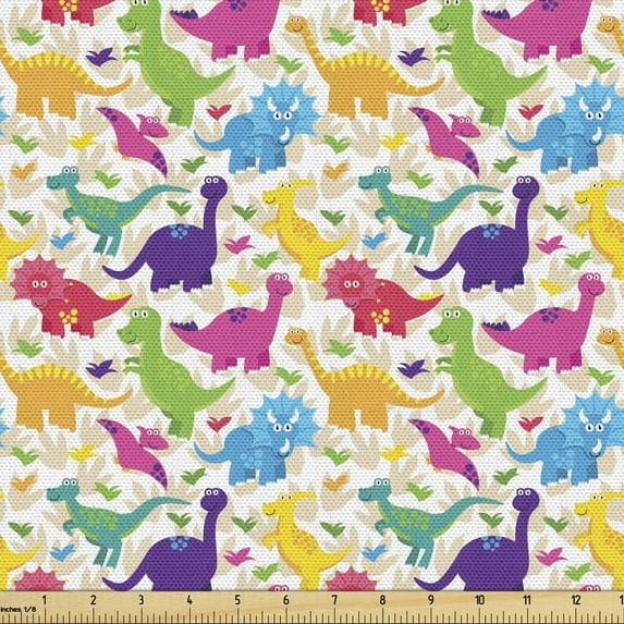Ambesonne Dinosaur Fabric by the Yard Upholstery, Jurassic Wild Animals Joy, 10 Yards, Multicolor