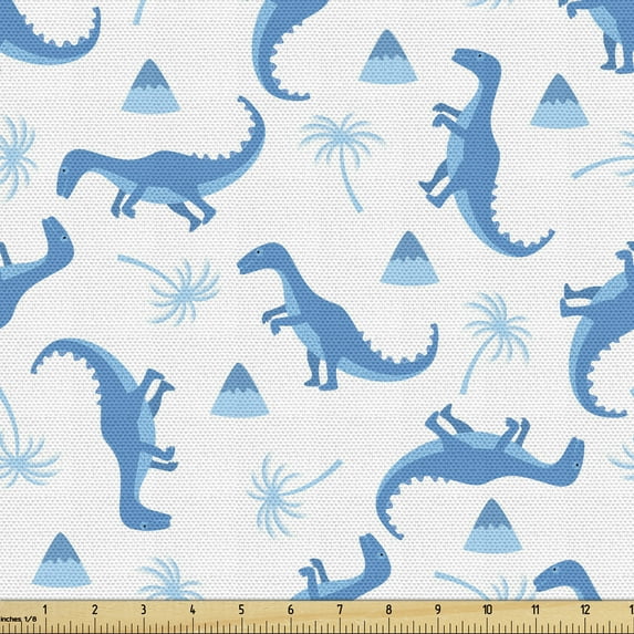 Ambesonne Dino Fabric by the Yard Upholstery, Dinosaurs Palms and Volcano, 10 Yards, Blue Pale Blue and White