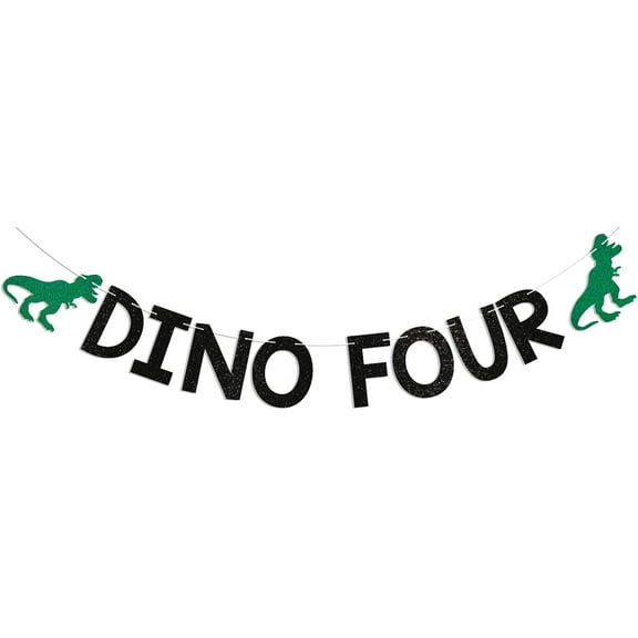 Dino Four Banner - Roar I'm Four Banner, Rex Four Birthday Decor, Dinosaur 4th Birthday Party Decorations Black Glitter