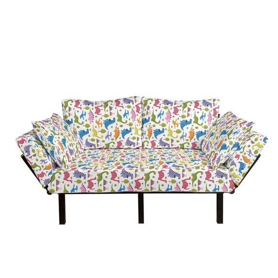 Dino Futon Couch, Cartoon Style Colorful Dinosaurs T-Rex Triceratops Prehistoric Reptile Wildlife, Daybed with Metal Frame Upholstered Sofa for Living Dorm, Loveseat, Multicolor, by Ambesonne