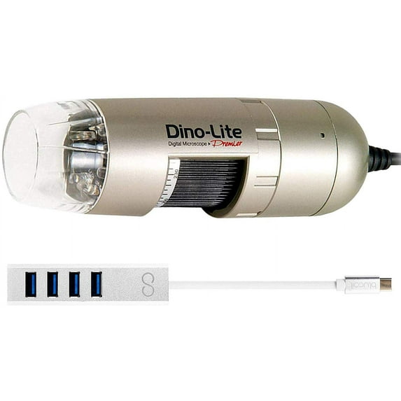 Dino-Lite AM3111 Handheld Digital Microscope with USB 2.0 Connection and Annotating Tools, 10x - 50x, 230x Magnification Bundle with Blucoil Mini USB Type-C Hub with 4 USB Ports