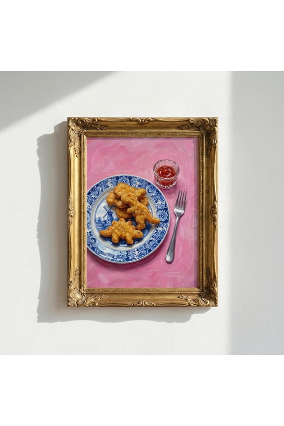 Dino Nugget & Fine China Art Print: Funny Kitchen Decor Blue and White Delft Dopamine Decor