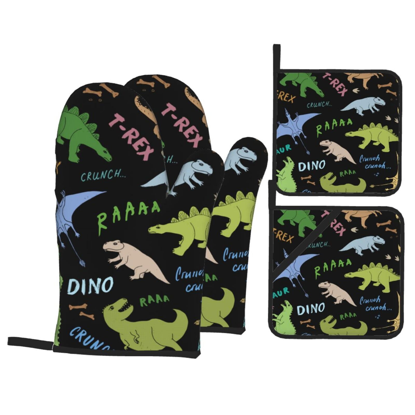 Dino Pattern Cute Cartoon 4Pcs Oven Mitts and Pot Holders Sets Oven Kitchen Gloves Hot Pads for Cooking BBQ Baking Grilling