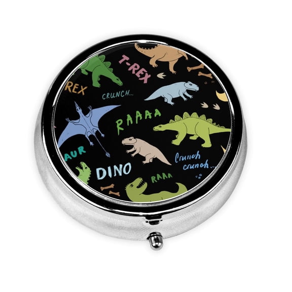 Dino Pattern Cute Cartoon Mini Round Pill Box Portable Small Pill Case Organizer with 3 Compartments for Pocket Purse