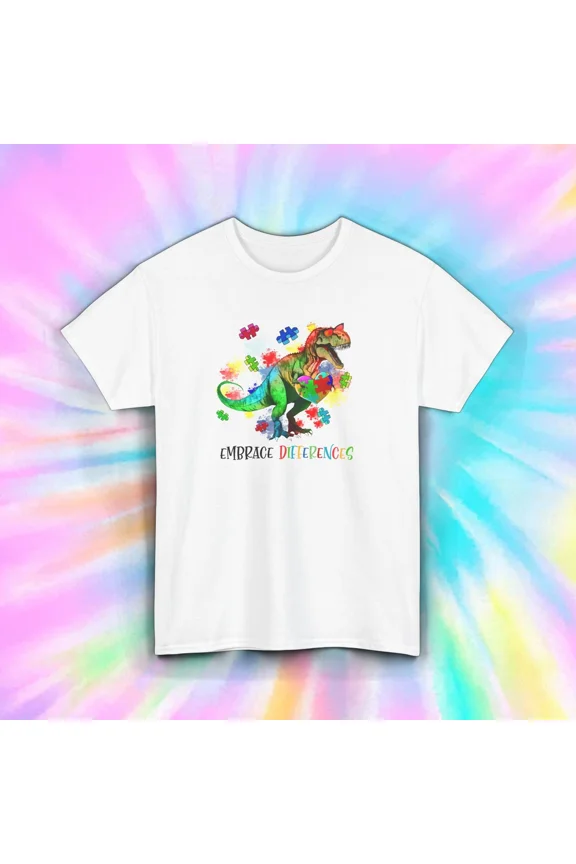 Dino Puzzle Pride Autism Support Embrace Differences Unisex T-Shirt, up to size 5XL