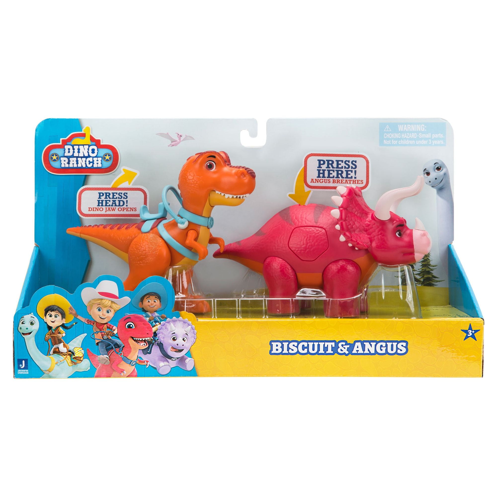 Dino Ranch Deluxe Dino 2-Pack - Features Biscuit, a 5-Inch Toy T-Rex, and Angus, a 4-Inch Toy Triceratops - Toys for Kids Featuring Your Favorite Pre-Westoric Ranchers