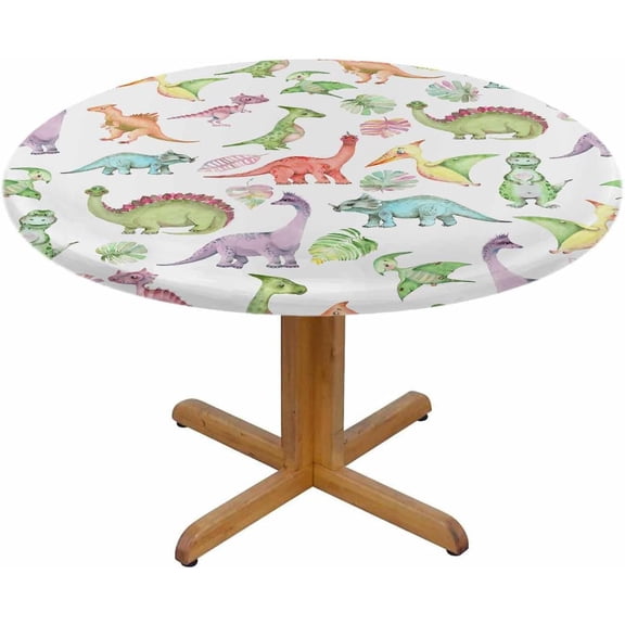 Dino Round Tablecloth Cute Cartoon Watercolor Dinosaurs Waterproof Oil-Proof Table Cover Table Cloth for Indoor Dining, Outdoor Picnic Parties, Camping,Fits for Table 40-44" Inches