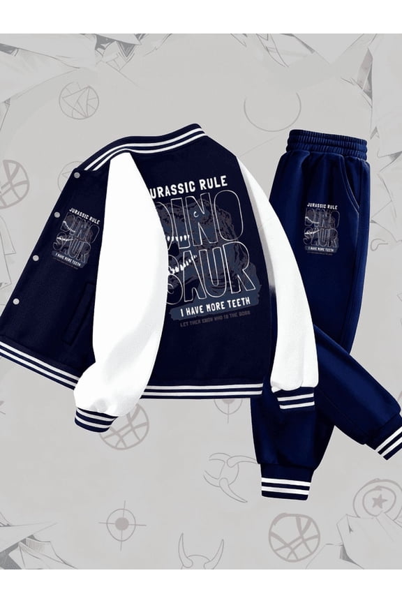 Dino Rule Tracksuit Varsity Jacket set funny boy black long sleeve Cozy Varsity Jacket & Joggers Set with Letter Print Stylish and Comfortable plain cartoon name Christmas 3 to 10 years