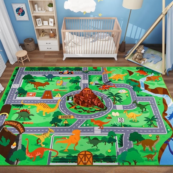 Dino Safari Car Rug for Kids Toy Cars, 59×39.4 Inch Washable Race Track Play Mat, Non Slip Educational Area Rug for Boys Playroom