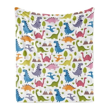 Dino Soft Flannel Fleece Throw Blanket, Cartoon Style Colorful Dinosaurs T-Rex Triceratops Prehistoric Reptile Wildlife, Cozy Plush for Indoor and Outdoor Use, 50" x 70", Multicolor, by Ambesonne