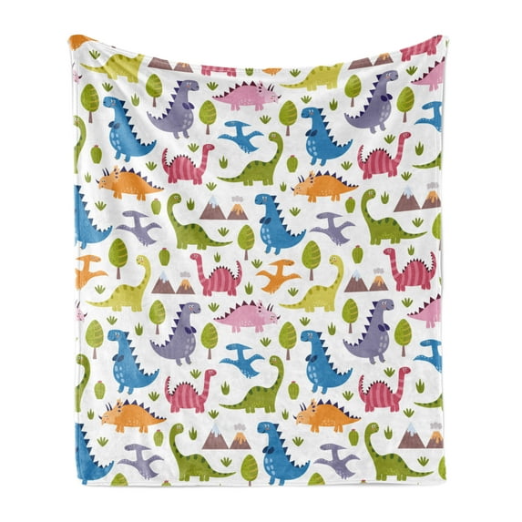 Dino Soft Flannel Fleece Throw Blanket, Cartoon Style Colorful Dinosaurs T-Rex Triceratops Prehistoric Reptile Wildlife, Cozy Plush for Indoor and Outdoor Use, 60" x 80", Multicolor, by Ambesonne